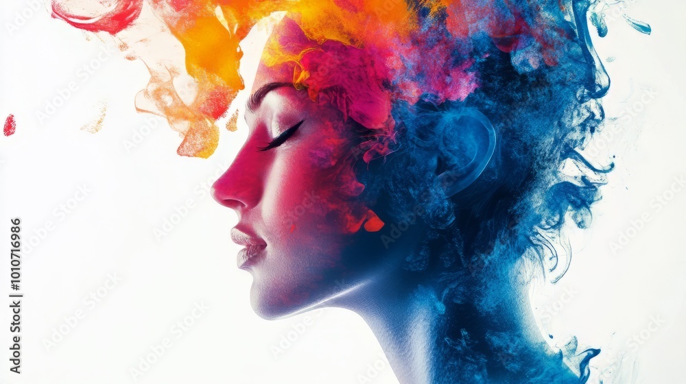 Φωτογραφία Colorful Abstract Portrait of a Mystical Female Face with Swirling Smoke and Pai