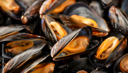 Heap of raw mussels in shells as background, closeup