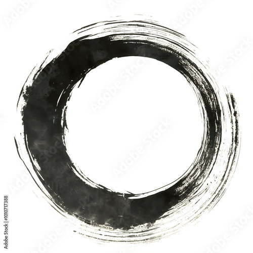 Black ink circle stroke on white background representing simplicity and balance. The brushstroke conveys motion and zen, creating a minimalist and meditative artwork