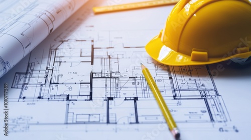 Architectural design plan on table. Construction workspace with yellow safety helmet and pencil placed on top of architectural blueprints. Construction plan for building project