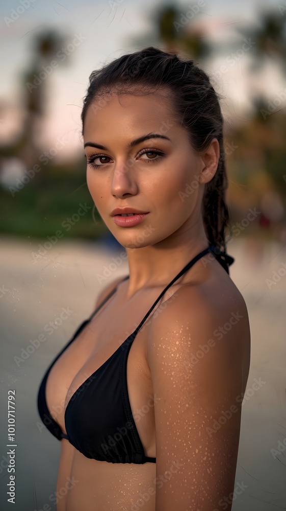 Vogue Style Outdoor Portrait of a Beautiful Tanned Woman in Bikini Enjoying a Beach Summer Vacation with Soft Sand and Calm Waves in the Background Under Natural Lighting Vogue Style Outdoor Portrait of a Beautiful Tanned Woman in Bikini Enjoying a Beach Summer Vacation with Soft Sand and Calm Waves in the Background Under Natural Lighting
