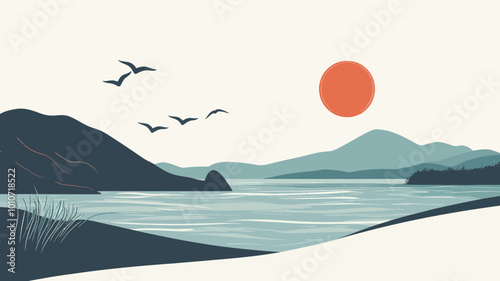 Minimalist Coastal Landscape Vector Sunset with Birds Flying Over Water and Mountains