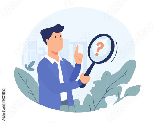 Curious Businessman with Magnifying Glass Investigating Data and Discovering Secrets - Flat Minimalist Vector Illustration