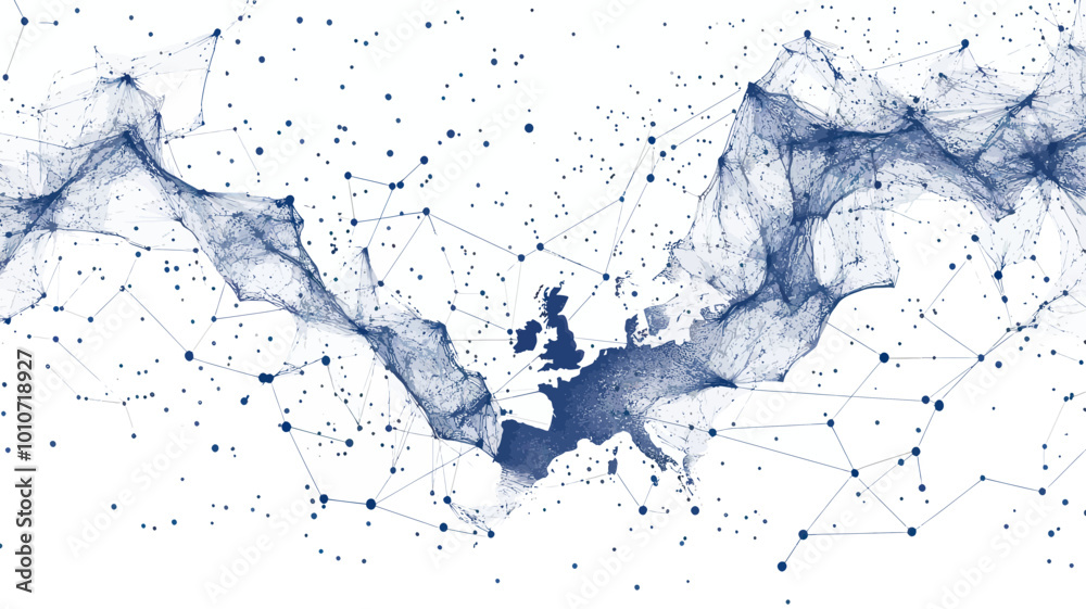 Obraz premium Abstract European Continent Connected Dots and Lines Vector Map with Starry Universe Background, Minimalistic Flat SVG Art, Modern Technology Network Illustration
