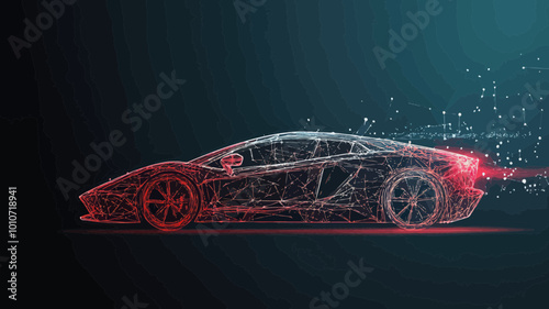 Futuristic Wireframe Sport Car with Polygonal Line Connection on Abstract Background - Low Poly Vector Speed Concept