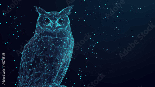Low Poly Wireframe Owl Vector in Starry Sky, Polygonal Bird of Prey, Minimalist SVG, Night Sky Animal Illustration
