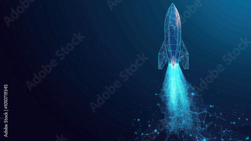 Abstract Digital Rocket Launching into Space with Technological Background, 3D Blue Low Poly Wireframe Vector Illustration, Career Takeoff Concept, Minimalist Flat SVG Style