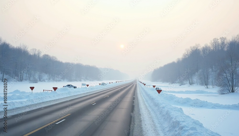 Row of abandoned, snow-covered vehicles on deserted highway Row of abandoned, snow-covered vehicles on deserted highway