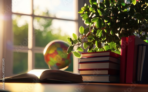 A globe and stack of textbooks on a teacher s desk, academic setting, 3D illustration photo