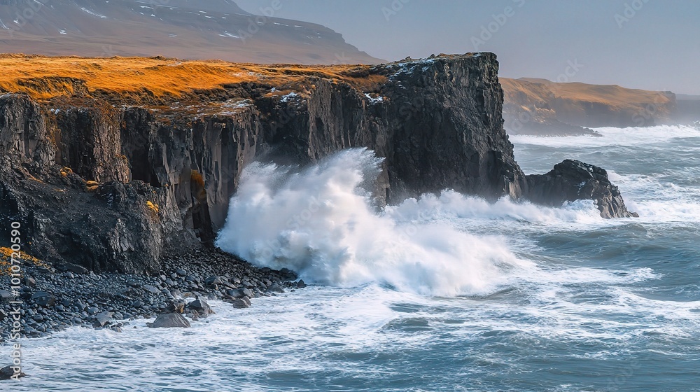 Dramatic Waves Crash Against Rugged Cliffside Dramatic Waves Crash Against Rugged Cliffside