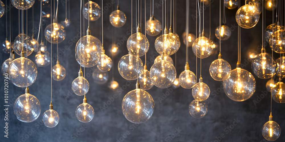 Elegant Glass Light Bulbs Hanging on Dark Background Elegant Glass Light Bulbs Hanging on Dark Background