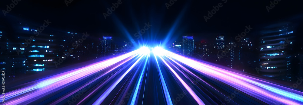 Fototapeta premium Speed lights motion background, cityscape and rail track in tokyo from speed train. Illustration of light ray, stripe line with blue light.