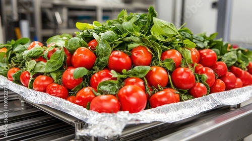 Fresh tomatoes and spinach arranged on a tray, ready for cooking or serving, showcasing vibrant colors and healthy ingredients.