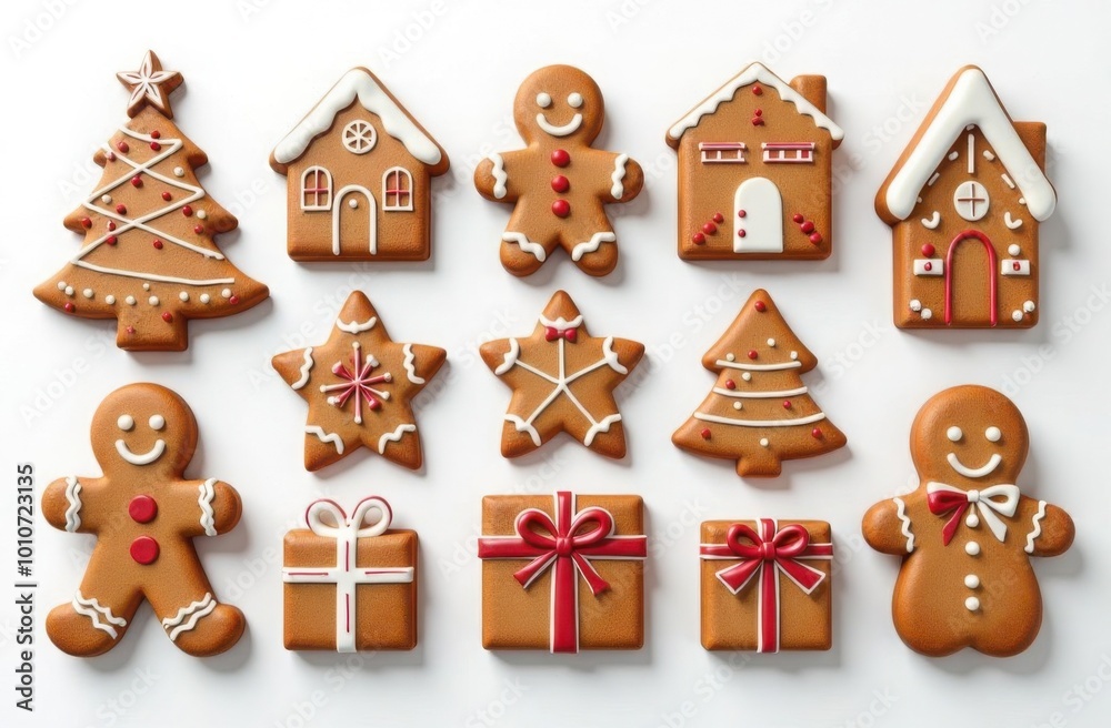 Fototapeta premium Xmas Gingerbread cookies. Christmas Classic biscuit. Cute ginger bread man, Xmas tree, house, present, colorful glazed