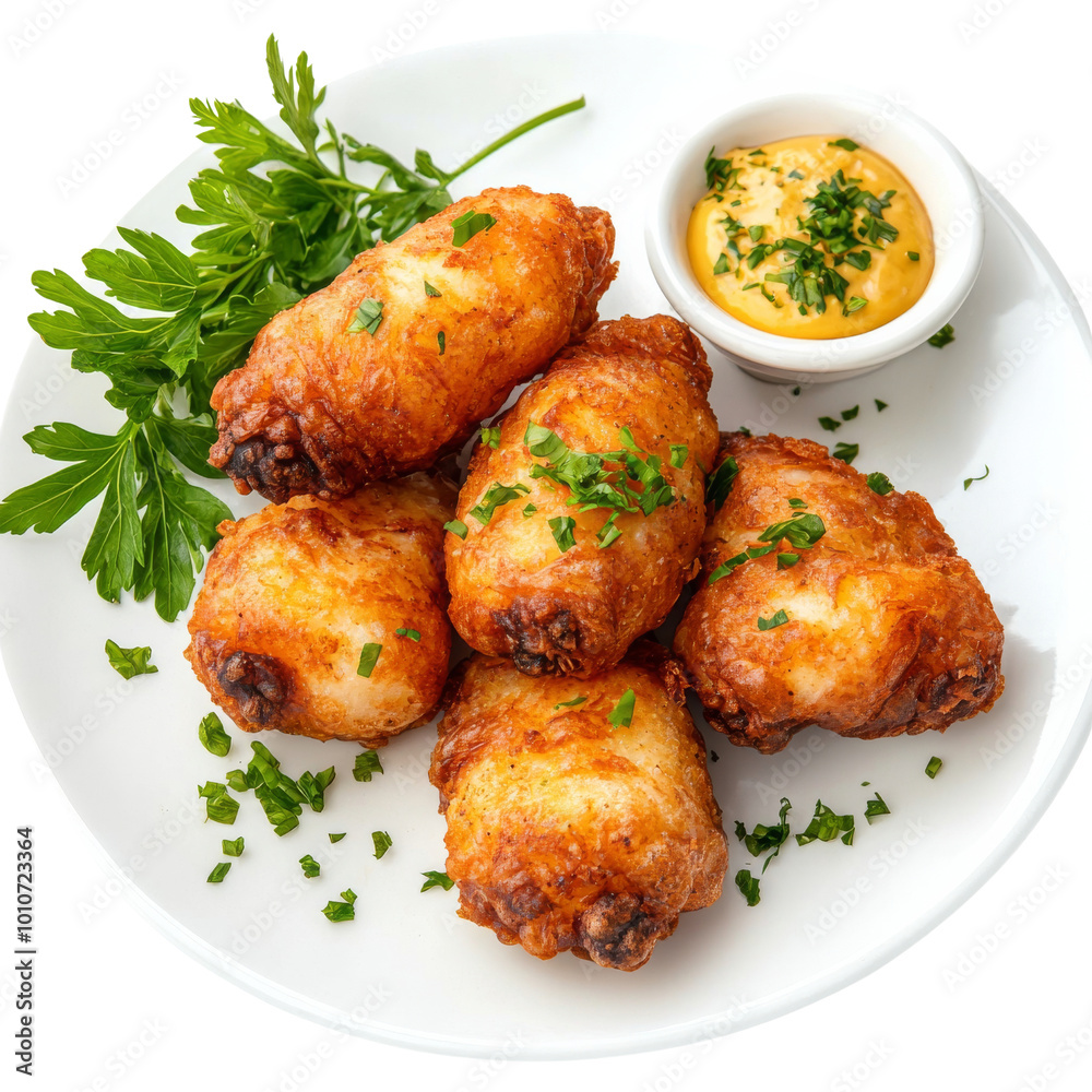 Crispy Fried Chicken Wings Served with Tangy Dip and Garnish. Crispy Fried Chicken Wings Served with Tangy Dip and Garnish.
