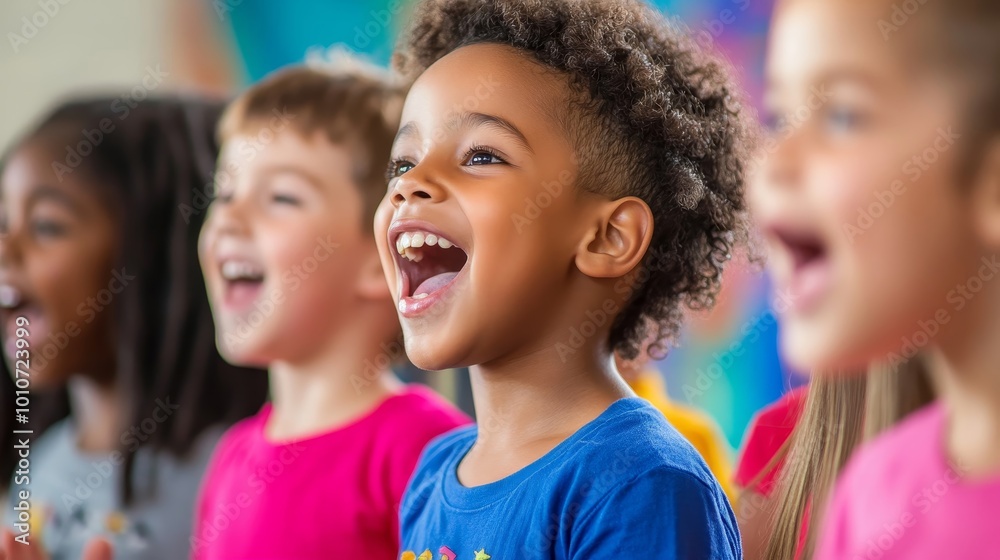 Joyful Mixed-Race Children Singing in Choir with Colorful Backdrop Joyful Mixed-Race Children Singing in Choir with Colorful Backdrop