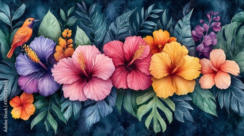 Wallpaper Mural Vibrant Hibiscus Flowers and Tropical Leaves with a Bird Generative AI Torontodigital.ca