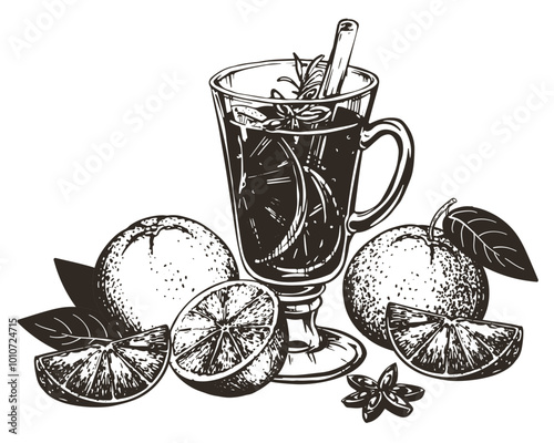 Mulled wine with cinnamon stick, star anise. Glass with warm wine and oranges. Hand drawn vector illustration. Engraved style of winter alcoholic warming drink with spices. Drawing for menu.