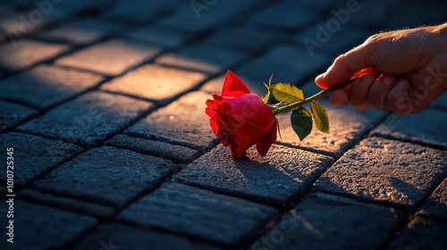 A hand placing a red rose on cobblestone pavement, illuminated by warm sunlight.