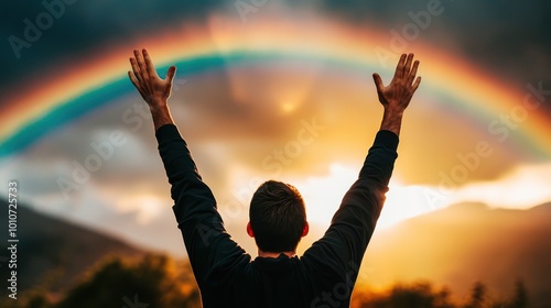 A person standing with arms raised towards a vibrant rainbow during sunset, symbolizing hope and positivity. photo