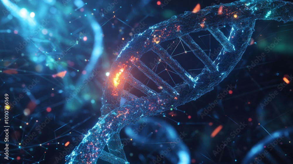 3D rendering of a glowing DNA strand against a dark background filled with bright particles, symbolizing the fields of genetics, molecular biology, and biotechnology. 3D rendering of a glowing DNA strand against a dark background filled with bright particles, symbolizing the fields of genetics, molecular biology, and biotechnology.