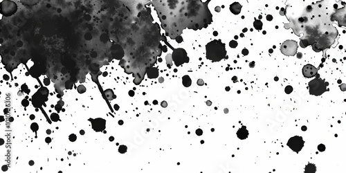 Intriguing black splatters dance across a stark white surface, showcasing a variety of sizes and shapes. This handmade design offers a versatile background for artistic expression.