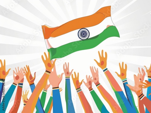 People from diverse backgrounds raise their hands joyfully, showcasing unity and collaboration under the waving Indian flag, embodying democratic spirit and political engagement. photo