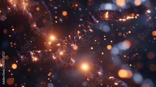 3D rendering of a glowing DNA strand against a dark background filled with bright particles, symbolizing the fields of genetics, molecular biology, and biotechnology.