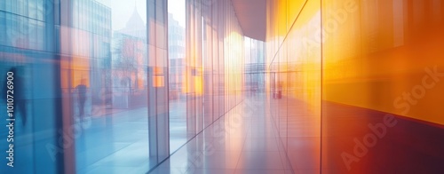 A blurred background of an office building with glass walls and modern architecture creates the illusion that it is moving in slow motion. 