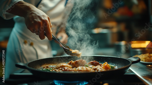 Chef cooking with flame in a frying pan on a kitchen stove.