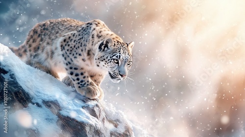 A majestic snow leopard gracefully navigating a snowy landscape, showcasing its beautiful fur and keen hunting instincts in a serene, wintry environment.