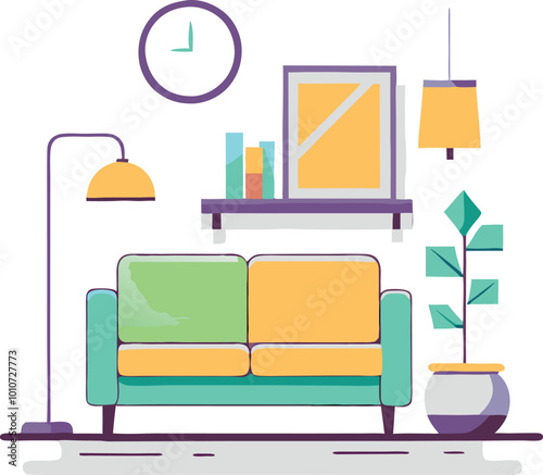 Four Colorful Couches with Pillows and Legs