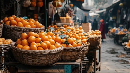 Fresh oranges in wicker baskets at a market. This image can be used to represent the sale of fresh produce at a local farmers market.