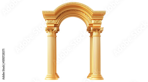 Gold classic colonnade with arch and corinthian column isolated on transparent or white background
