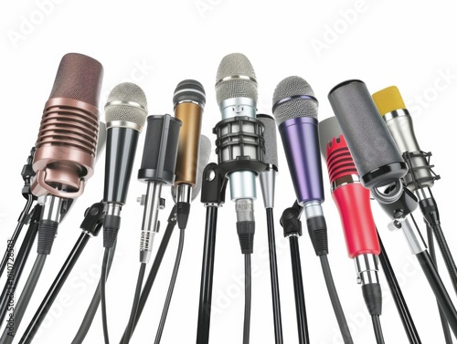 Multiple microphones are arranged thoughtfully for a conference meeting, highlighting their diverse designs and features on a pristine white backdrop.