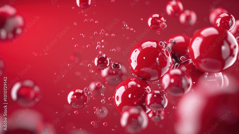 Abstract representation of red molecules and bubbles on a vibrant red background, illustrating concepts of chemistry and nature in a visually striking manner. Abstract representation of red molecules and bubbles on a vibrant red background, illustrating concepts of chemistry and nature in a visually striking manner.