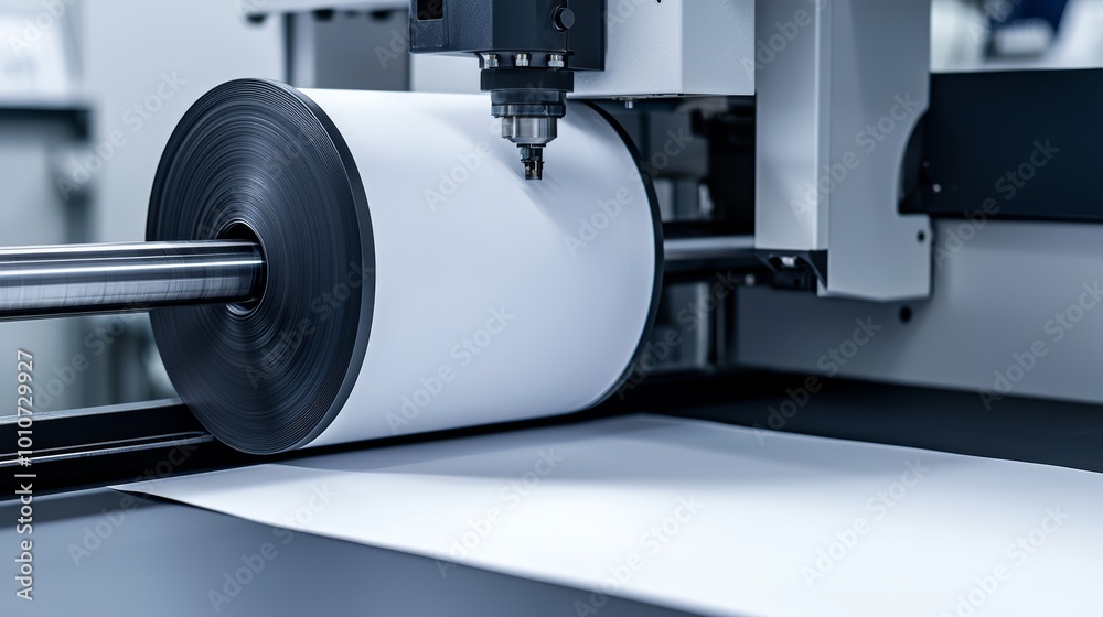 Digital printing machine processing vivid color ribbons, modern print technology and production, high-speed print workflow Digital printing machine processing vivid color ribbons, modern print technology and production, high-speed print workflow