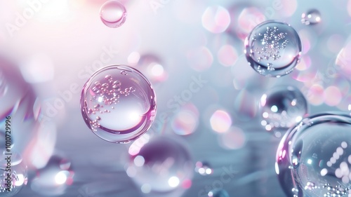 Close-up of colorful bubbles floating in a soft blurred background, creating an ethereal atmosphere. The light reflections add a dreamy quality to this abstract image.