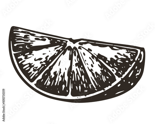Vector hand drawn orange slice. Monochrome sketches of citrus fruits. Engraving style drawings. Linear ink sketch of half of fruit for menu, packaging.