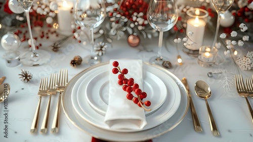 A table with a white tablecloth and a red napkin with berries on it. Christmas celebration or party dinner setting background.