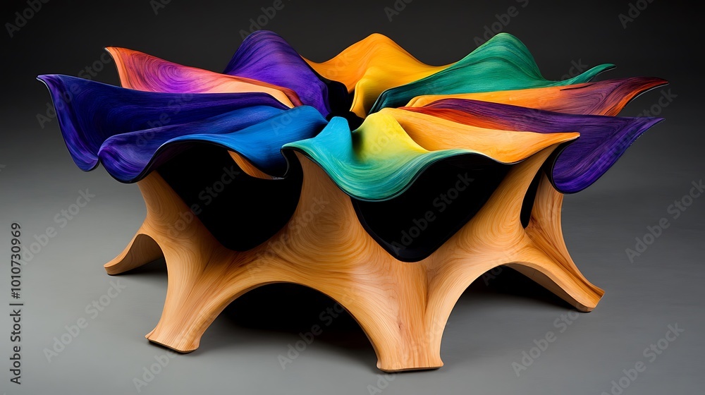 Obraz premium Abstract Wooden Sculpture with Colorful Glass Petals