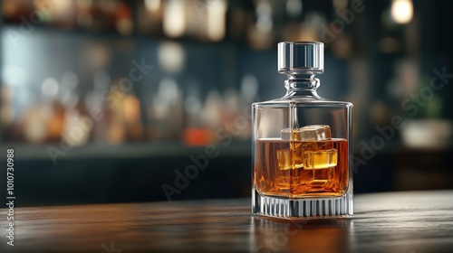 Whiskey decanter with ice on wooden table, blurred bar background.