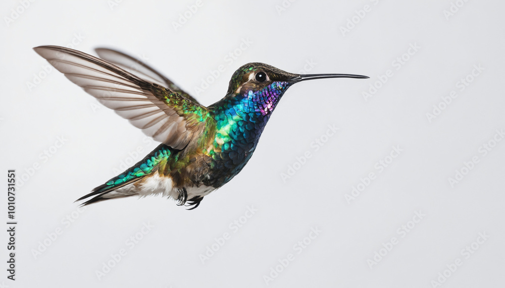 Fototapeta premium Close-up of a hummingbird hovering, highlighting its iridescent feathers against a bright white surface.