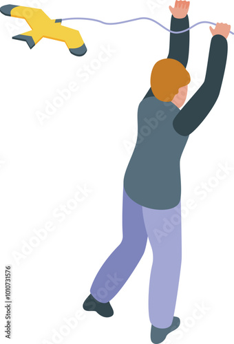 Man is launching a drone with a remote control in this isometric illustration