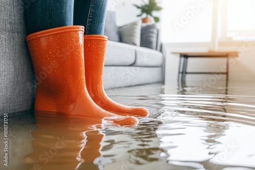 Flooded home interior with person in rain boots, water covering floor, natural disaster and flood recovery photo