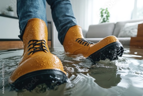 Flooded home interior with person in rain boots, water covering floor, natural disaster and flood recovery photo