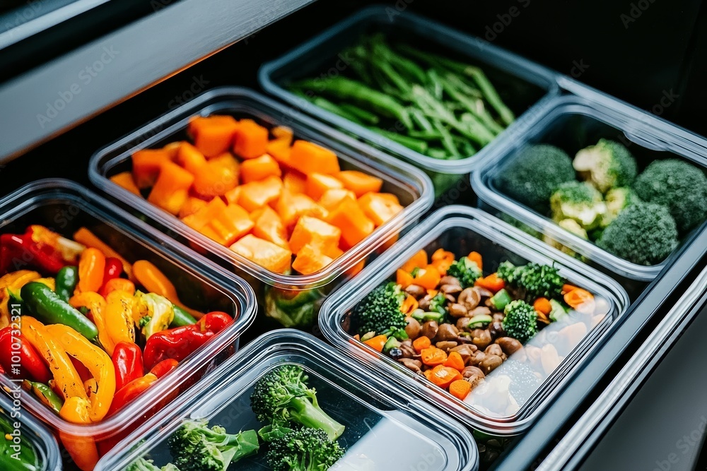 Fresh vegetables in meal prep containers, fridge organization, focus on clean eating and healthy lifestyle
