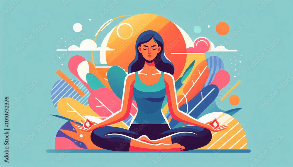 Obraz premium A serene and colorful stylized illustration of a woman meditating in a lotus pose, surrounded by abstract shapes representing calmness and peace