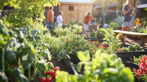 A lively community garden thrives with veggies, herbs, and flowers, fostering collaboration and connection.