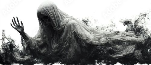 A ghostly figure draped in tattered sheets, with skeletal hands reaching out toward the viewer